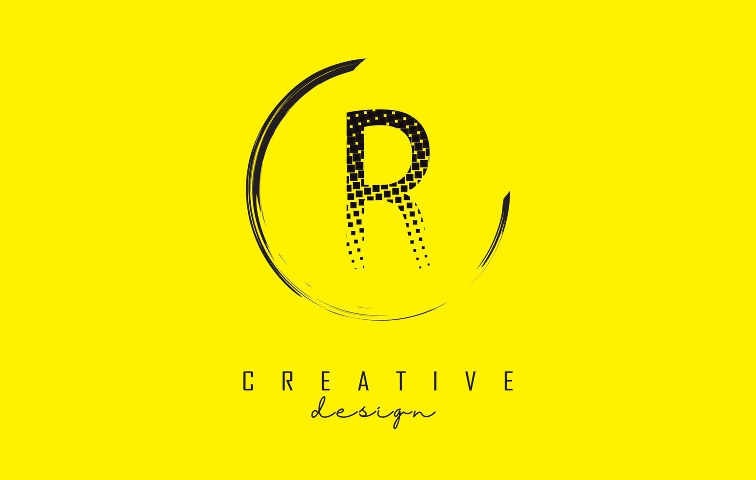 r lettera logo design con quadrati neri e cornice circolare su sfondo giallo brillante. vettore