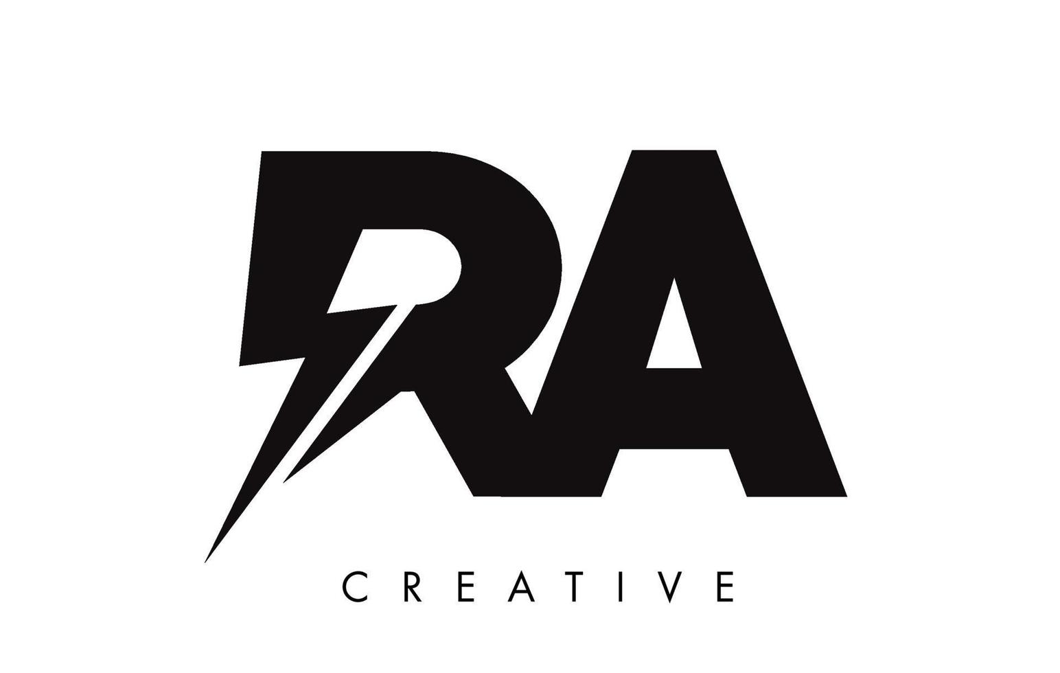 ra lettera logo design con fulmine di illuminazione. logo della lettera del bullone elettrico vettore