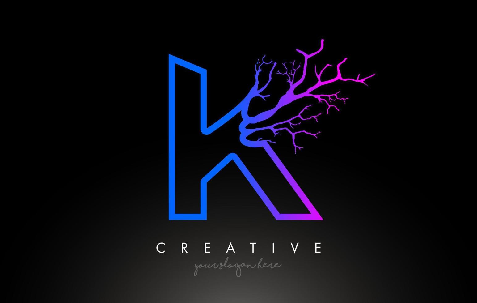 logo di design della lettera k dell'albero con il ramo di un albero blu viola. logo dell'icona dell'albero della lettera k vettore