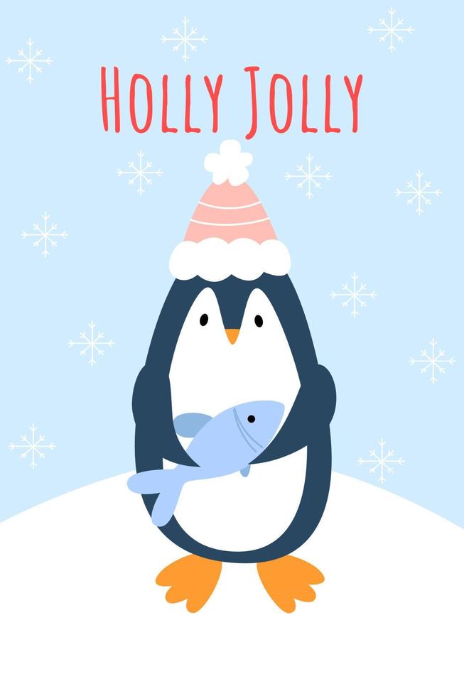 cartolina di Natale con pinguino carino. adorabile pinguino con pesce. testo agrifoglio jolly. illustrazione vettoriale in stile cartone animato con sfondo di neve.