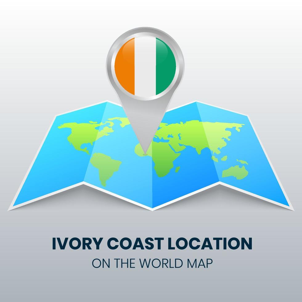 icona della posizione della Costa d'Avorio sulla mappa del mondo, icona della spilla rotonda della Costa d'Avorio vettore