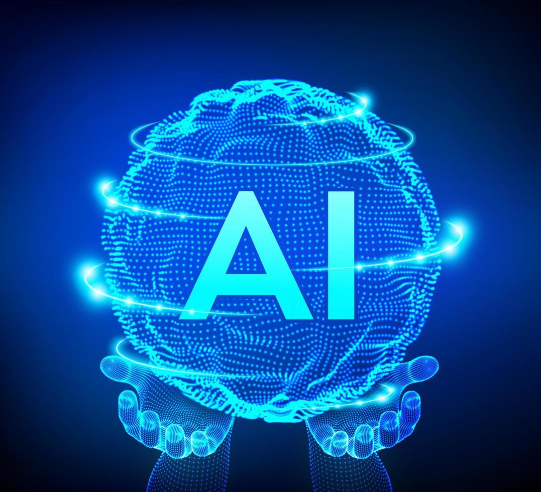 logo di intelligenza artificiale ai nelle mani. intelligenza artificiale e concetto di apprendimento automatico. onda griglia sfera con codice binario. tecnologia di innovazione dei big data. reti neurali. illustrazione vettoriale. vettore