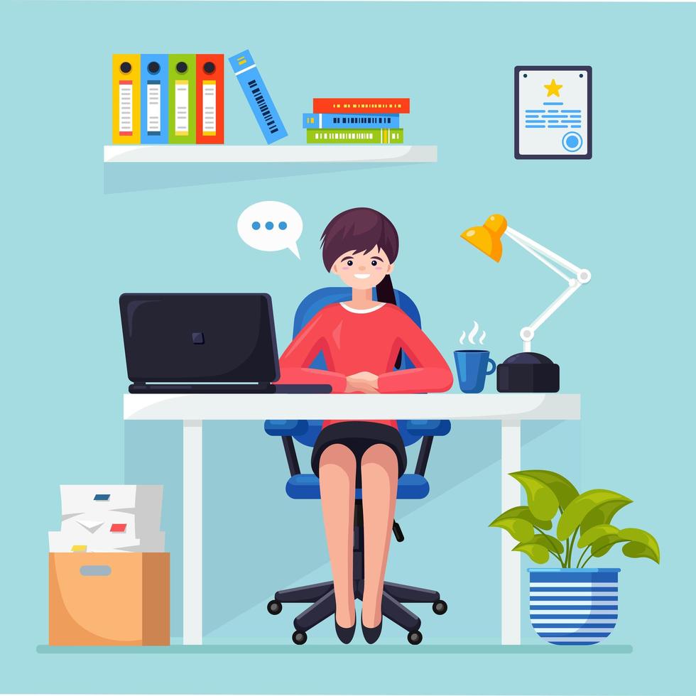 donna d'affari che lavora alla scrivania. interno dell'ufficio con computer, laptop, documenti, lampada da tavolo, caffè. manager seduto sulla sedia. posto di lavoro per lavoratore, impiegato. design piatto vettoriale