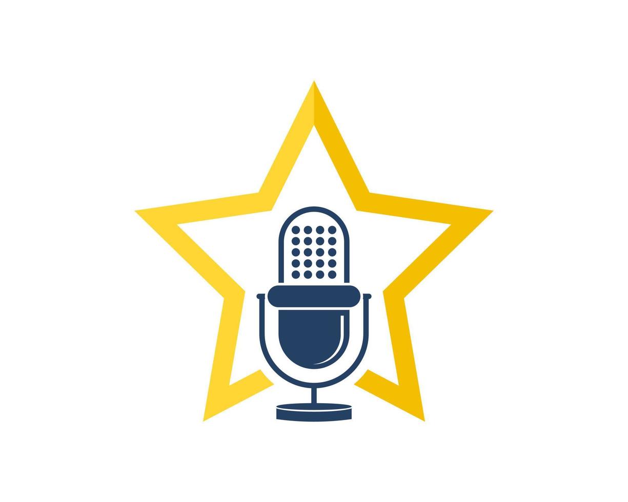 a forma di stella gialla con microfono podcast all'interno vettore