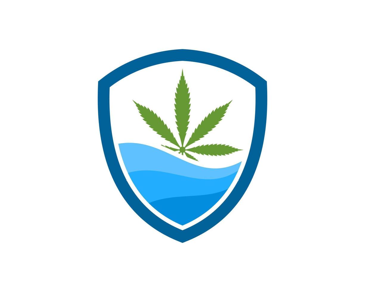 scudo semplice con foglia di cannabis e onda da spiaggia vettore