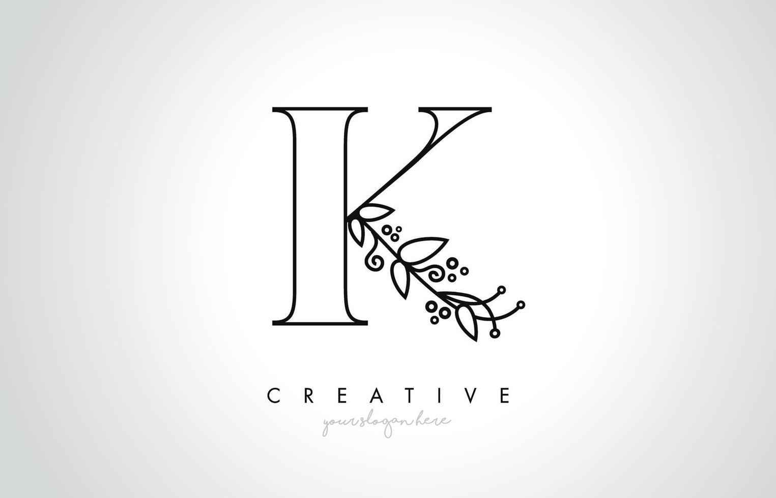 logo della lettera k con dettaglio di foglie di piante monogramma organico e design del cerchio vettore