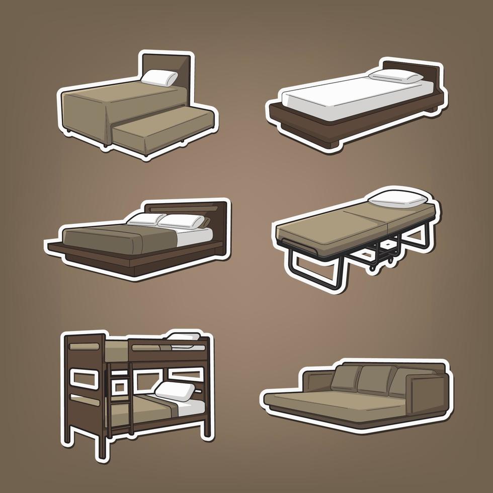 set icone mobili, letto singolo, letto matrimoniale fumetto illustrazione vettoriale isolato.