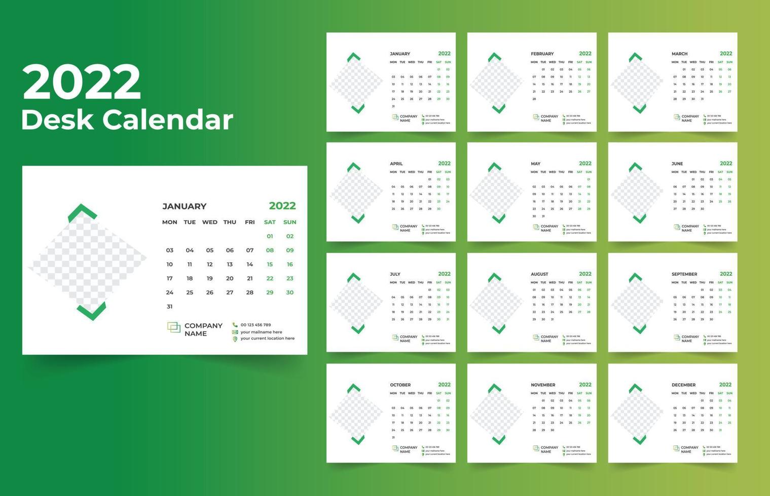 calendario da tavolo design 2022 set di modelli di 12 mesi, settimana inizia lunedì, design di cancelleria, pianificatore di calendario vettore