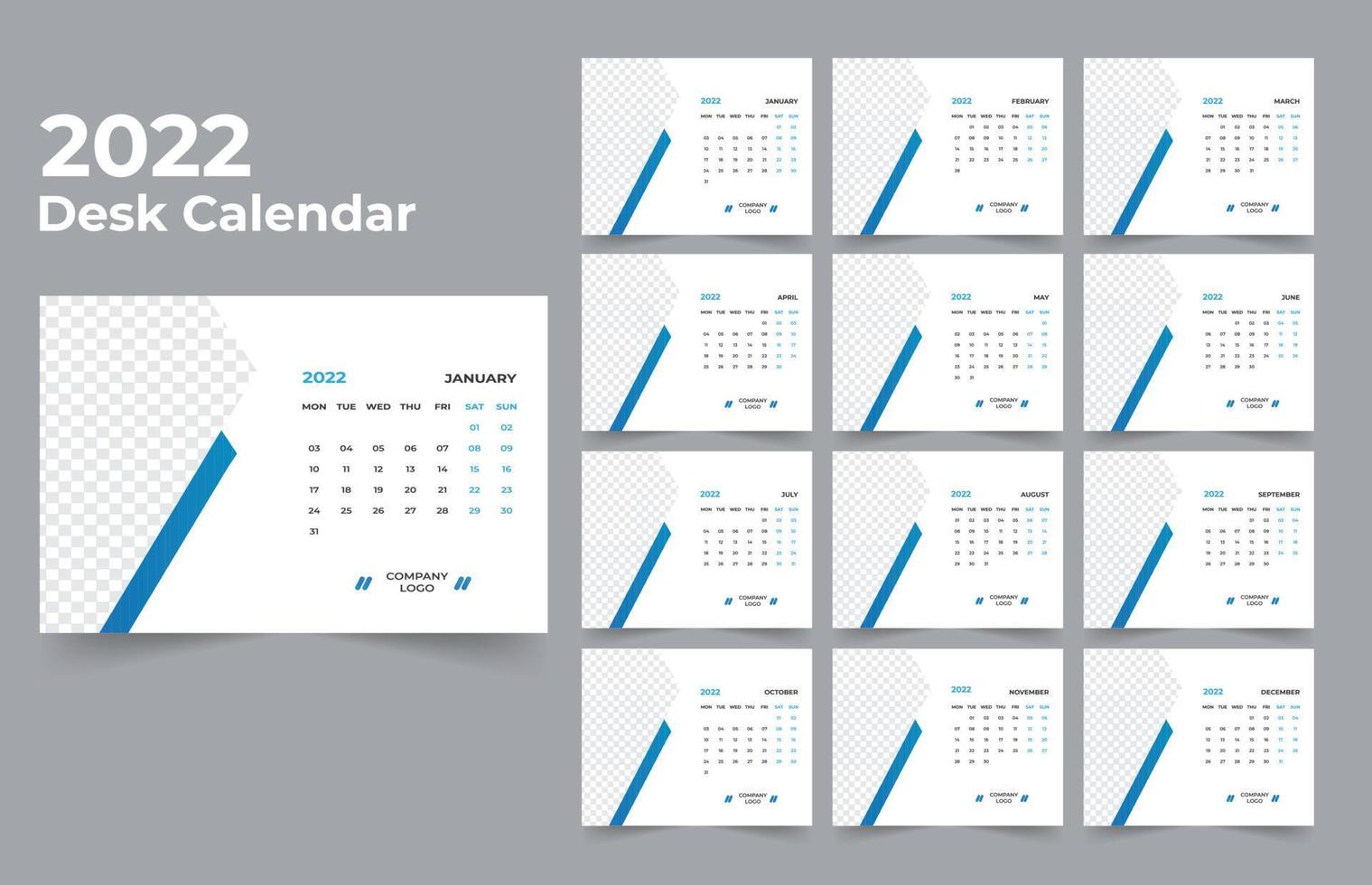 calendario da tavolo design 2022 set di modelli di 12 mesi, settimana inizia lunedì, design di cancelleria, pianificatore di calendario vettore