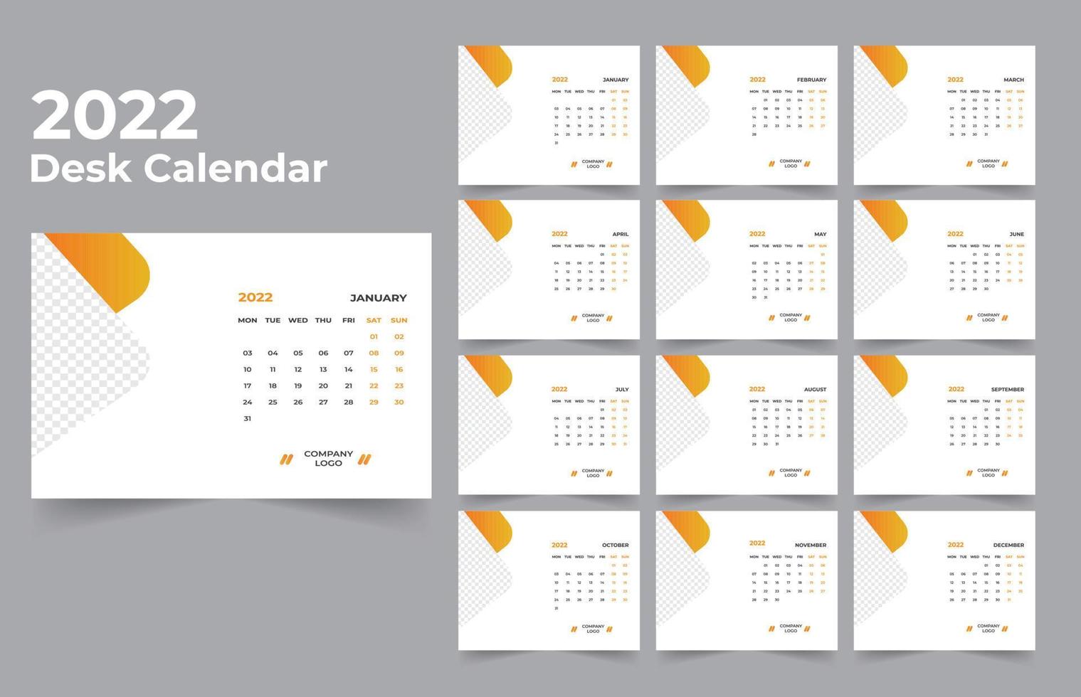 calendario da tavolo design 2022 set di modelli di 12 mesi, settimana inizia lunedì, design di cancelleria, pianificatore di calendario vettore