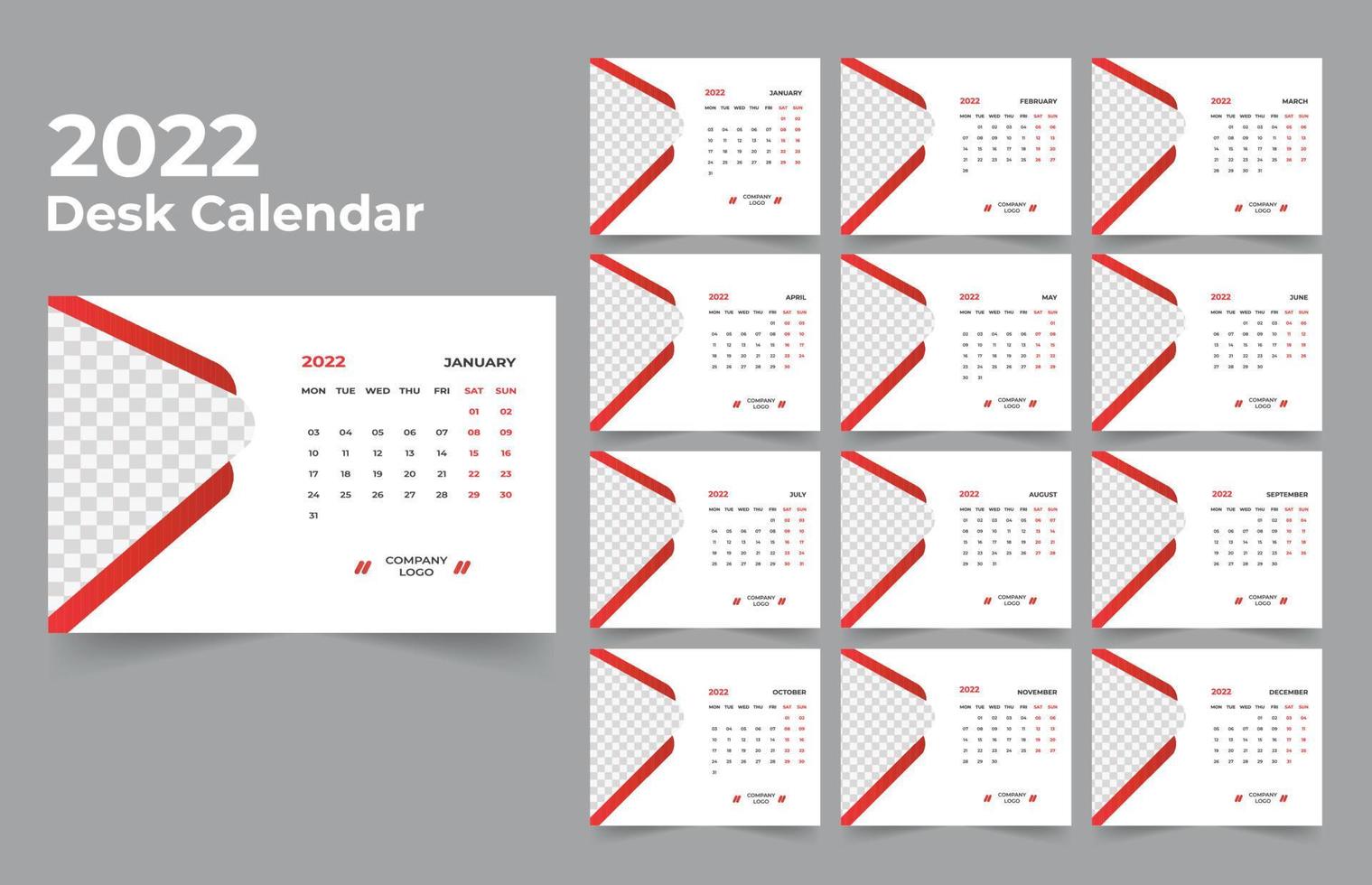 calendario da tavolo design 2022 set di modelli di 12 mesi, settimana inizia lunedì, design di cancelleria, pianificatore di calendario vettore