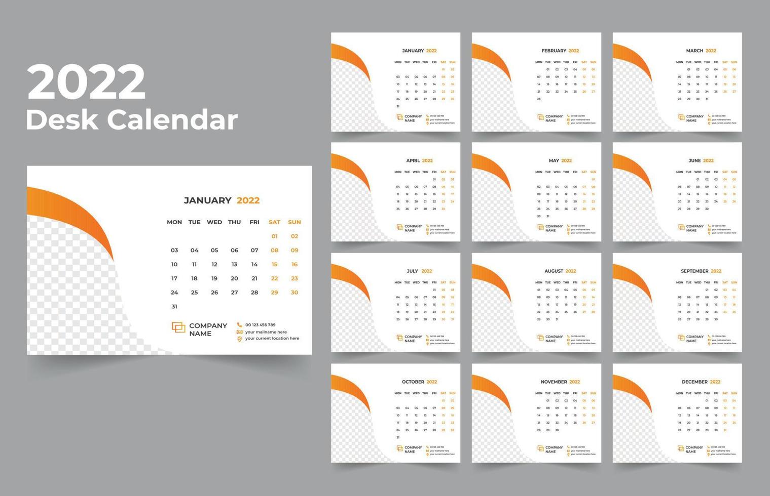 calendario da tavolo design 2022 set di modelli di 12 mesi, settimana inizia lunedì, design di cancelleria, pianificatore di calendario vettore