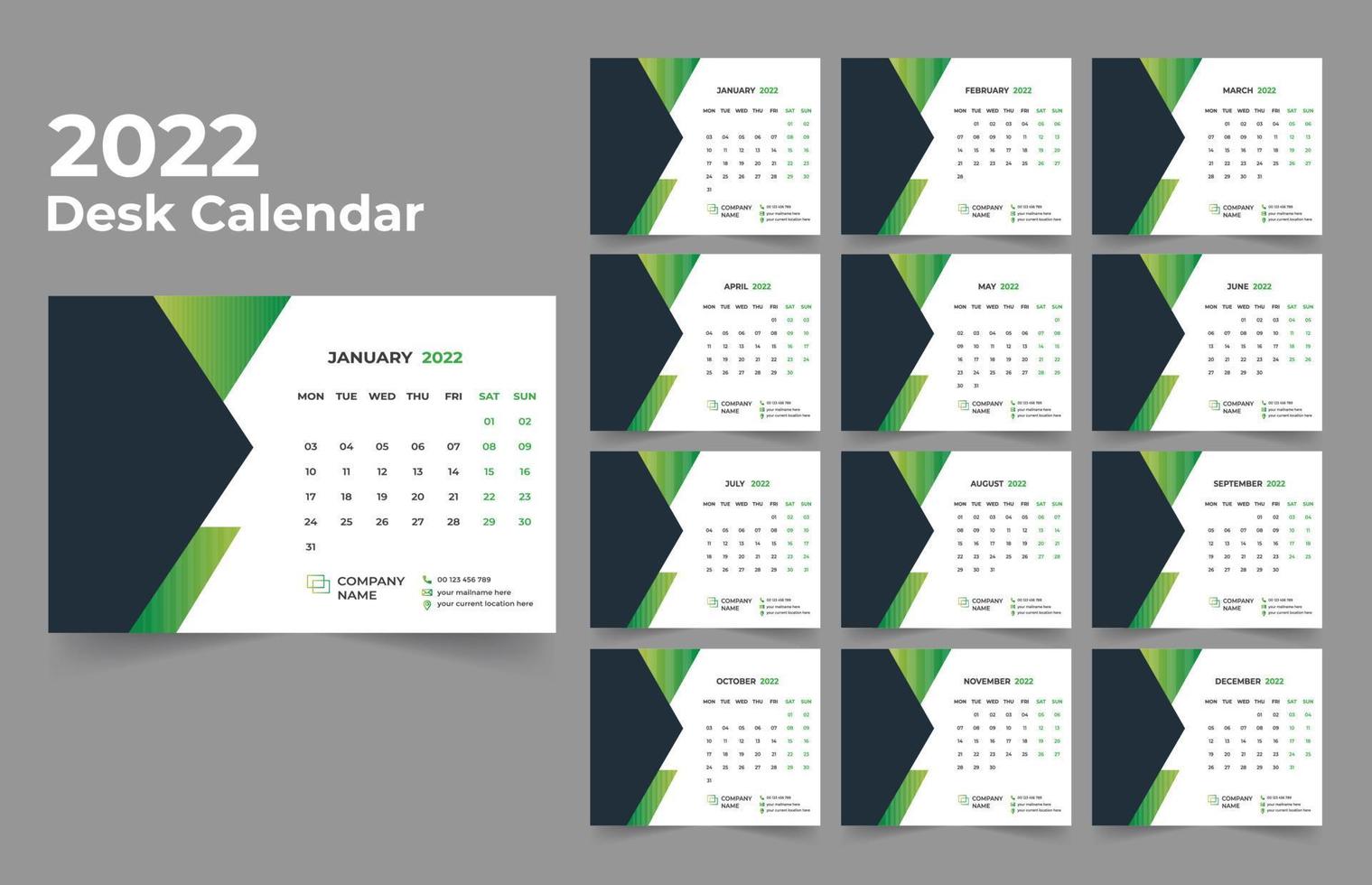 calendario da tavolo design 2022 set di modelli di 12 mesi, settimana inizia lunedì, design di cancelleria, pianificatore di calendario vettore