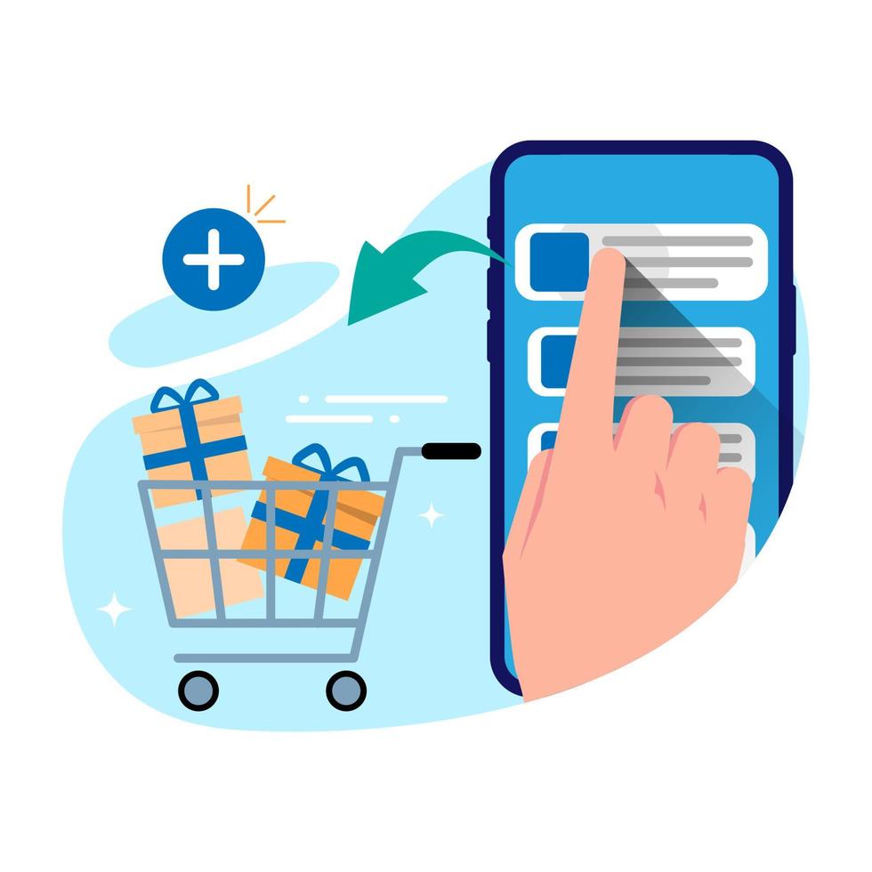 aggiungi al carrello, shopping online da smartphone concept illustrazione design piatto vettore eps10. elemento grafico in stile moderno per infografica, landing page, interfaccia utente vuota, social media, ecc