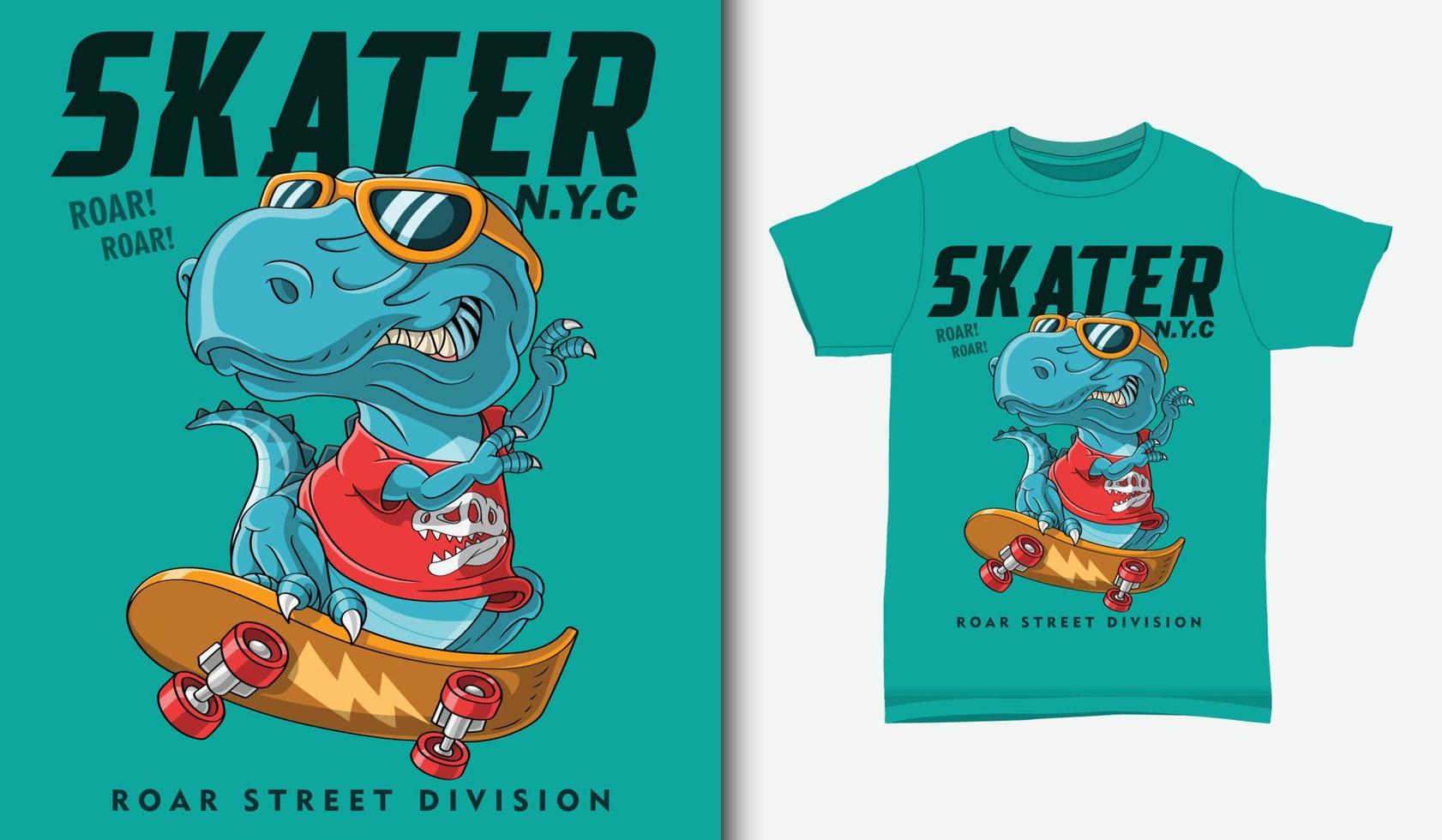 simpatico dinosauro che gioca a skateboard illustrazione con design t-shirt. vettore