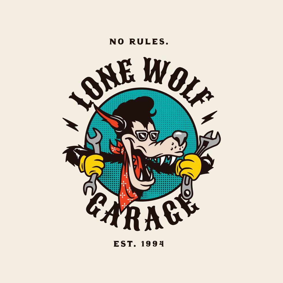 distintivo del logo vettoriale del lupo solitario per il club motociclistico garage personalizzato