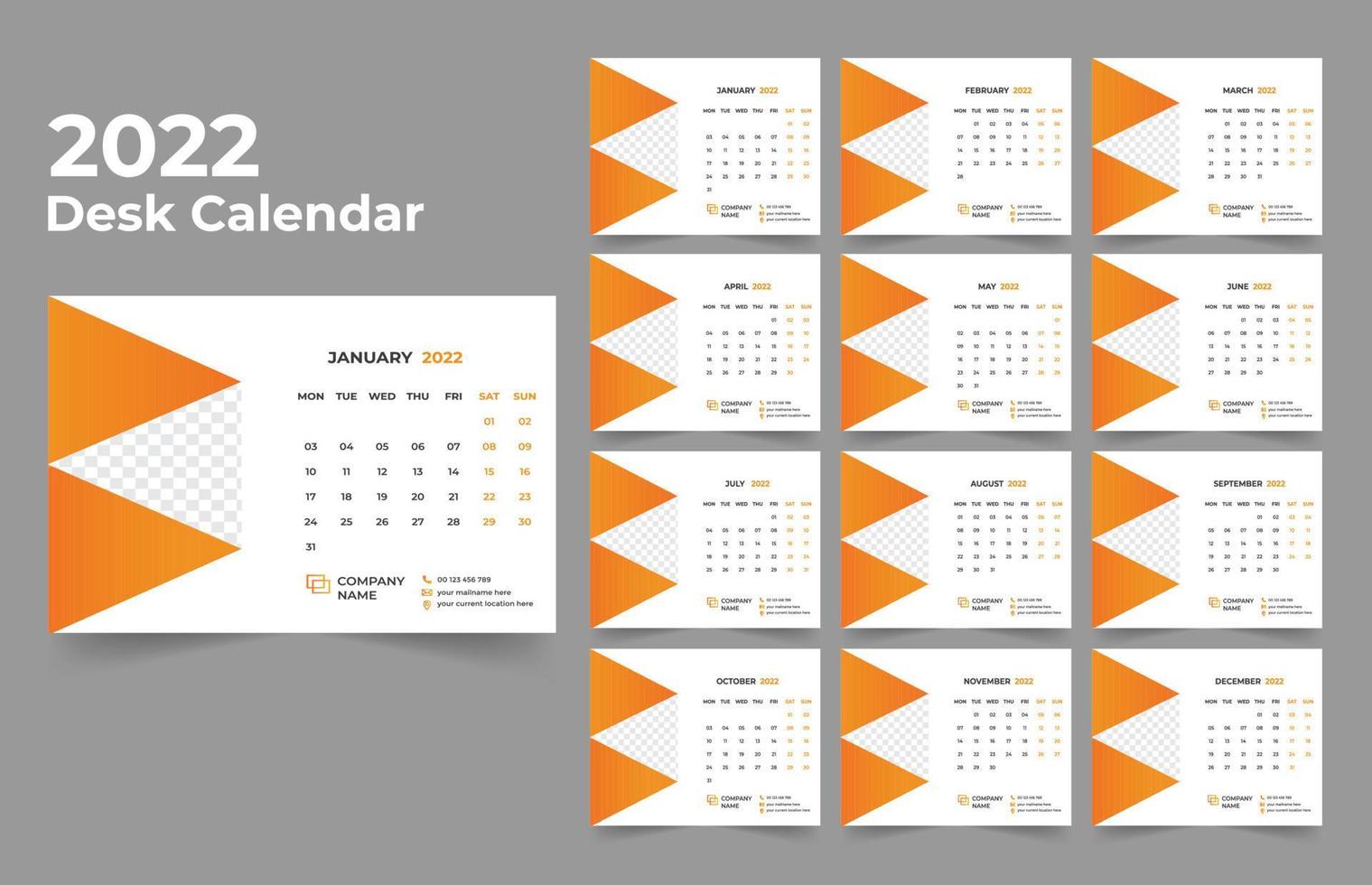 calendario da tavolo design 2022 set di modelli di 12 mesi, settimana inizia lunedì, design di cancelleria, pianificatore di calendario vettore