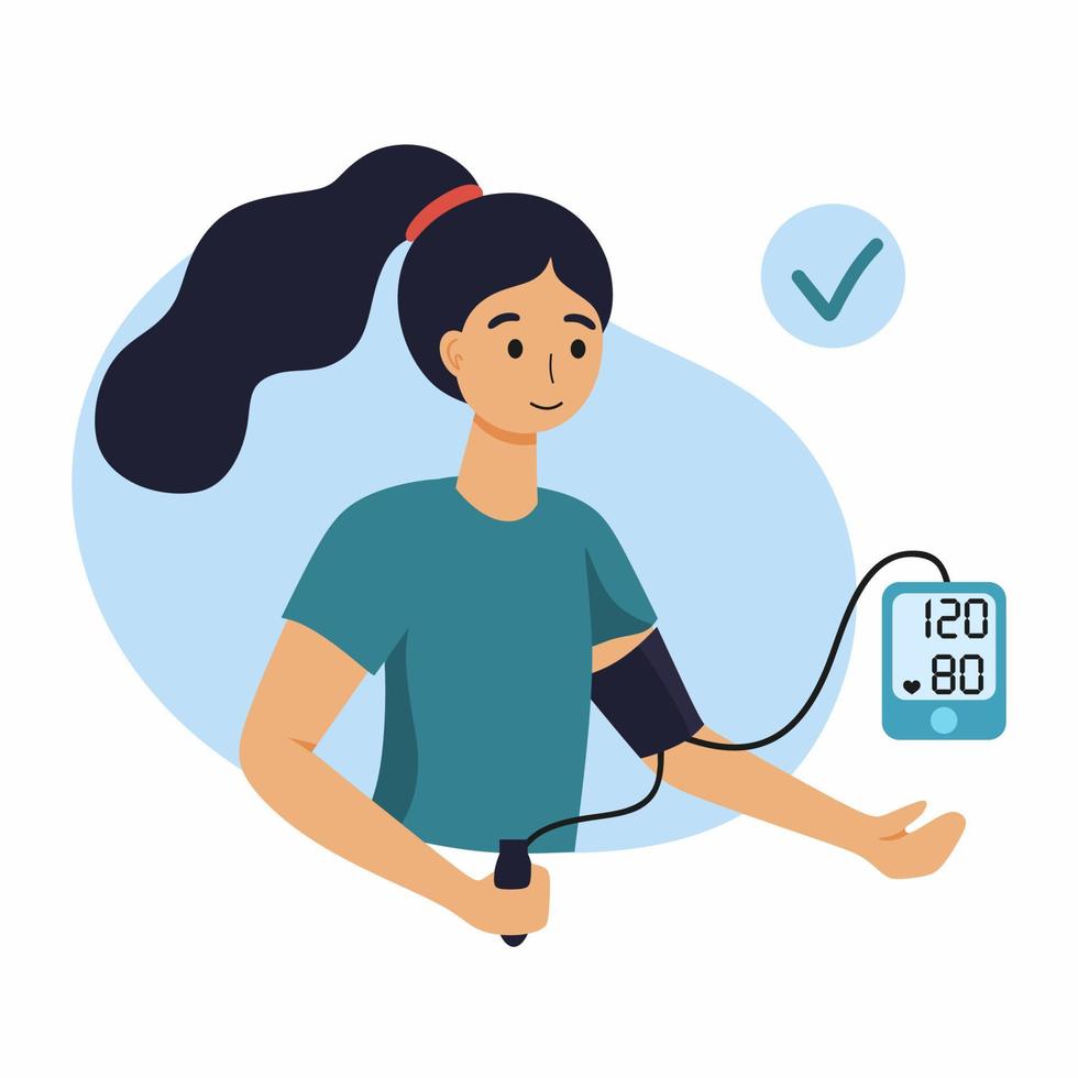 una donna misura la sua pressione sanguigna con un misuratore di pressione sanguigna. vettore
