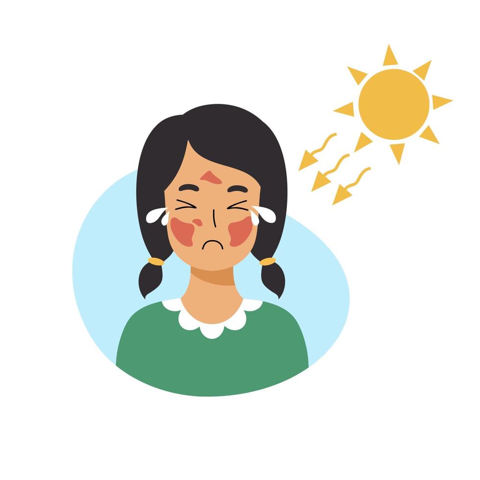 la ragazza sta piangendo a causa della scottatura solare sul viso. bambino triste con danni alla pelle. vettore