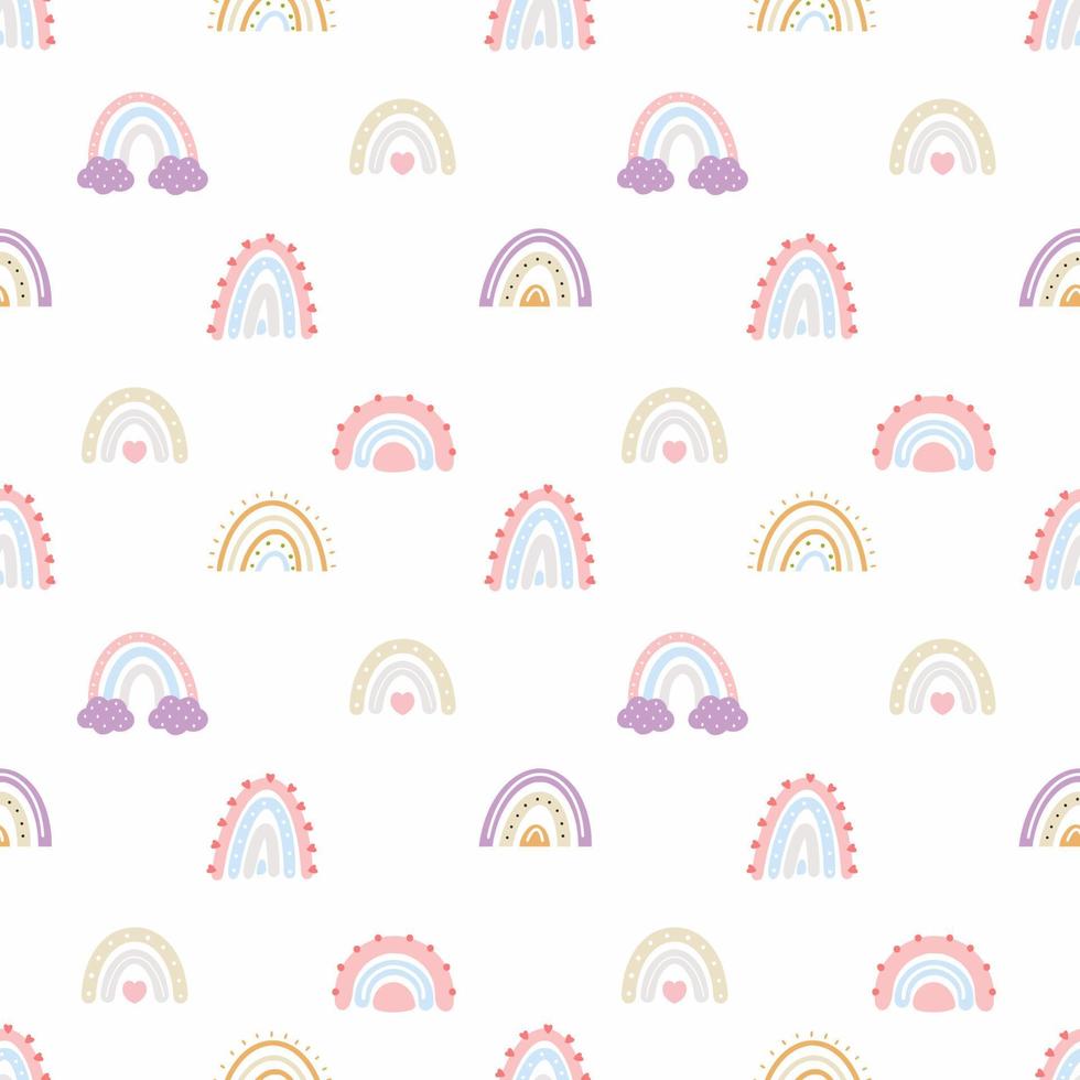 senza cuciture con arcobaleno in stile doodle. set per decorare la cameretta dei bambini. sfondo per cucire abbigliamento per bambini, stampa su tessuto e carta da imballaggio. vettore