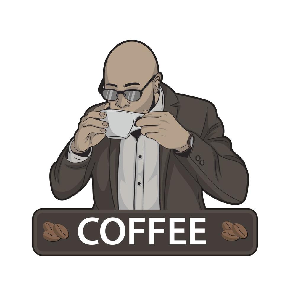 uomo d'affari che beve caffè. uomo che tiene la tazza, ottimo per la segnaletica della caffetteria. vettore