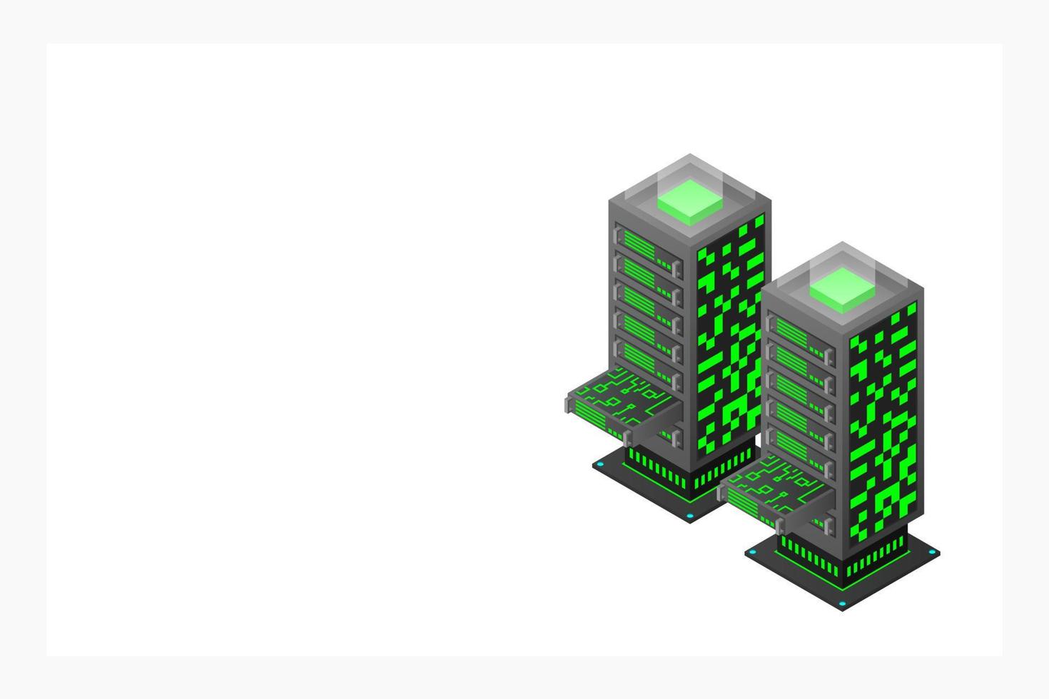 illustrazione vettoriale isometrica del data center. server di hosting 3d astratto o sfondo della stanza del data center