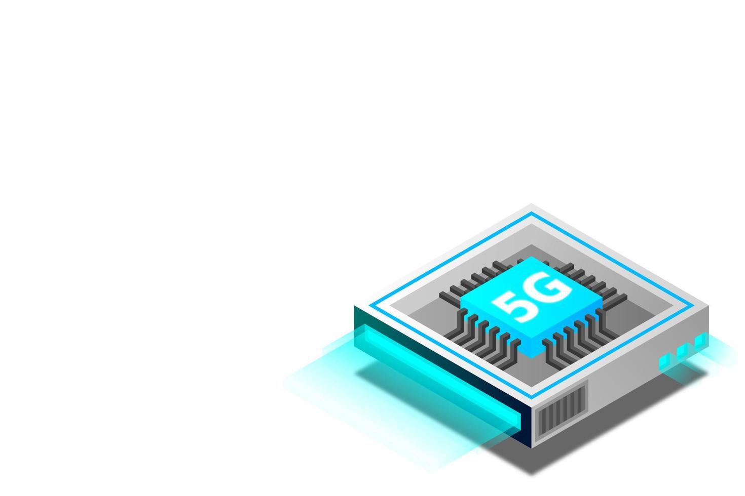 Illustrazione del processore di rete 5g. Internet wireless mobile di nuova generazione. micro chip futuristico isometrico. illustrazione di microchip vettore