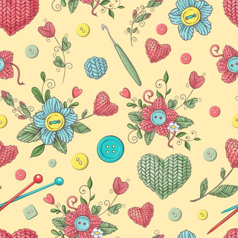 Carino seamless pattern di gomitoli di lana, bottoni, matasse di filati o maglieria e uncinetto. vettore