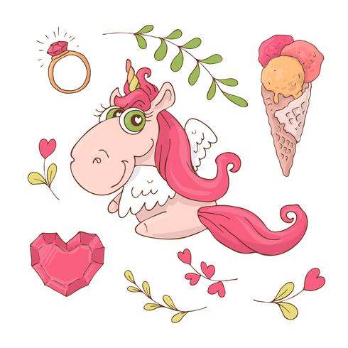 Set di unicorno simpatico cartone animato per San Valentino con accessori. vettore