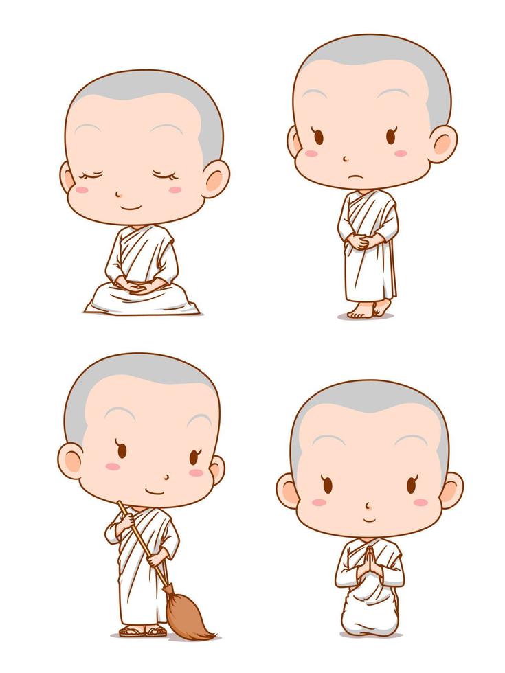 personaggio dei cartoni animati di suore buddiste tailandesi in diverse pose. vettore