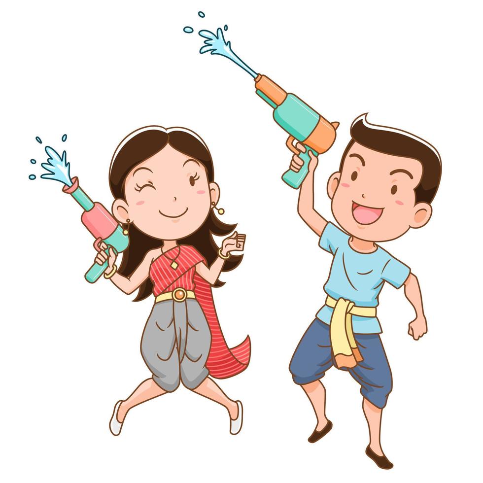 personaggio dei cartoni animati di ragazzo e ragazza che tengono pistola ad acqua nel festival di songkran, thailandia. vettore