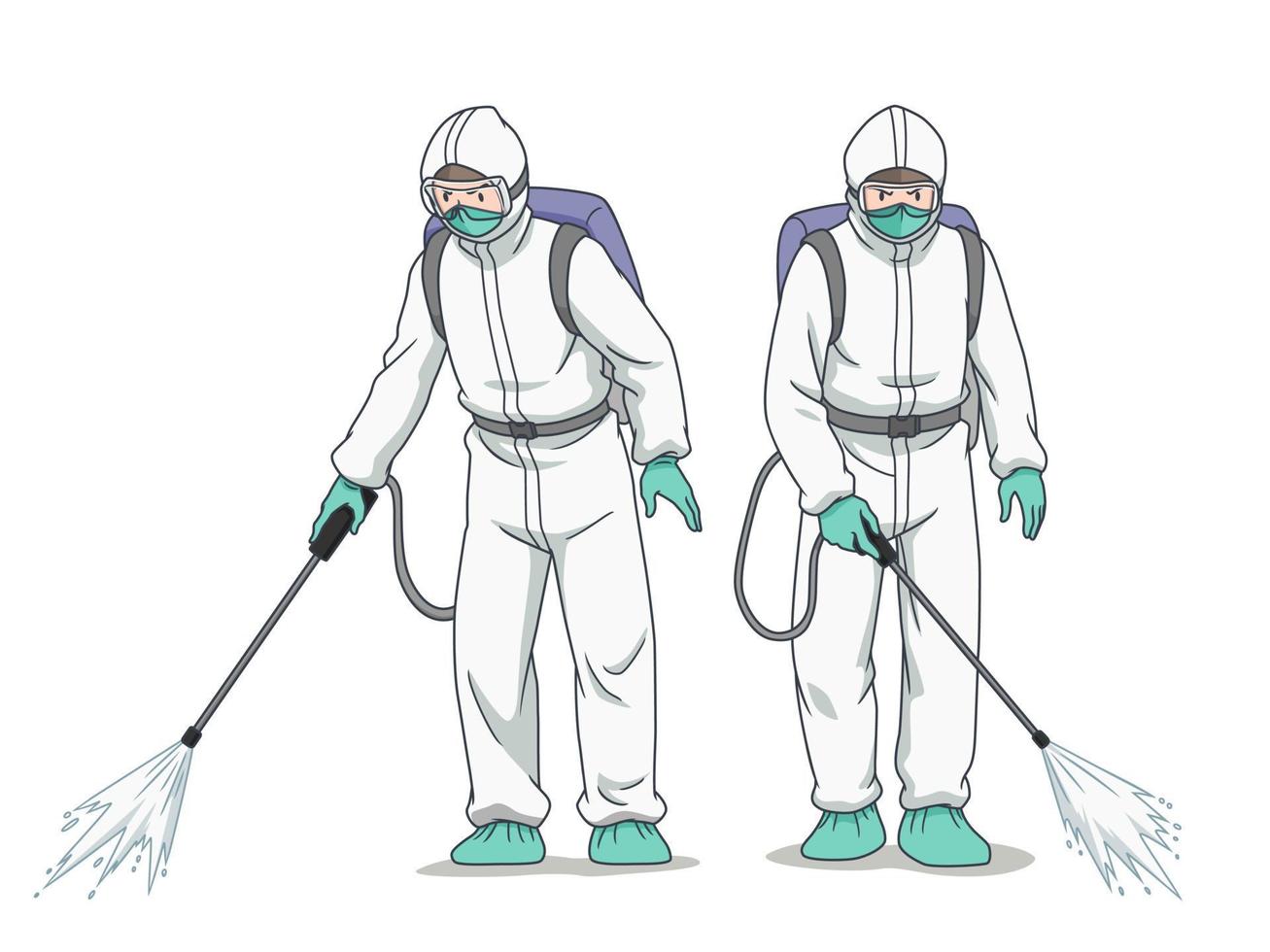 personaggio dei cartoni animati del lavoratore disinfettante che indossa maschera e vestiti protettivi, spruzzando coronavirus o covid-19. vettore