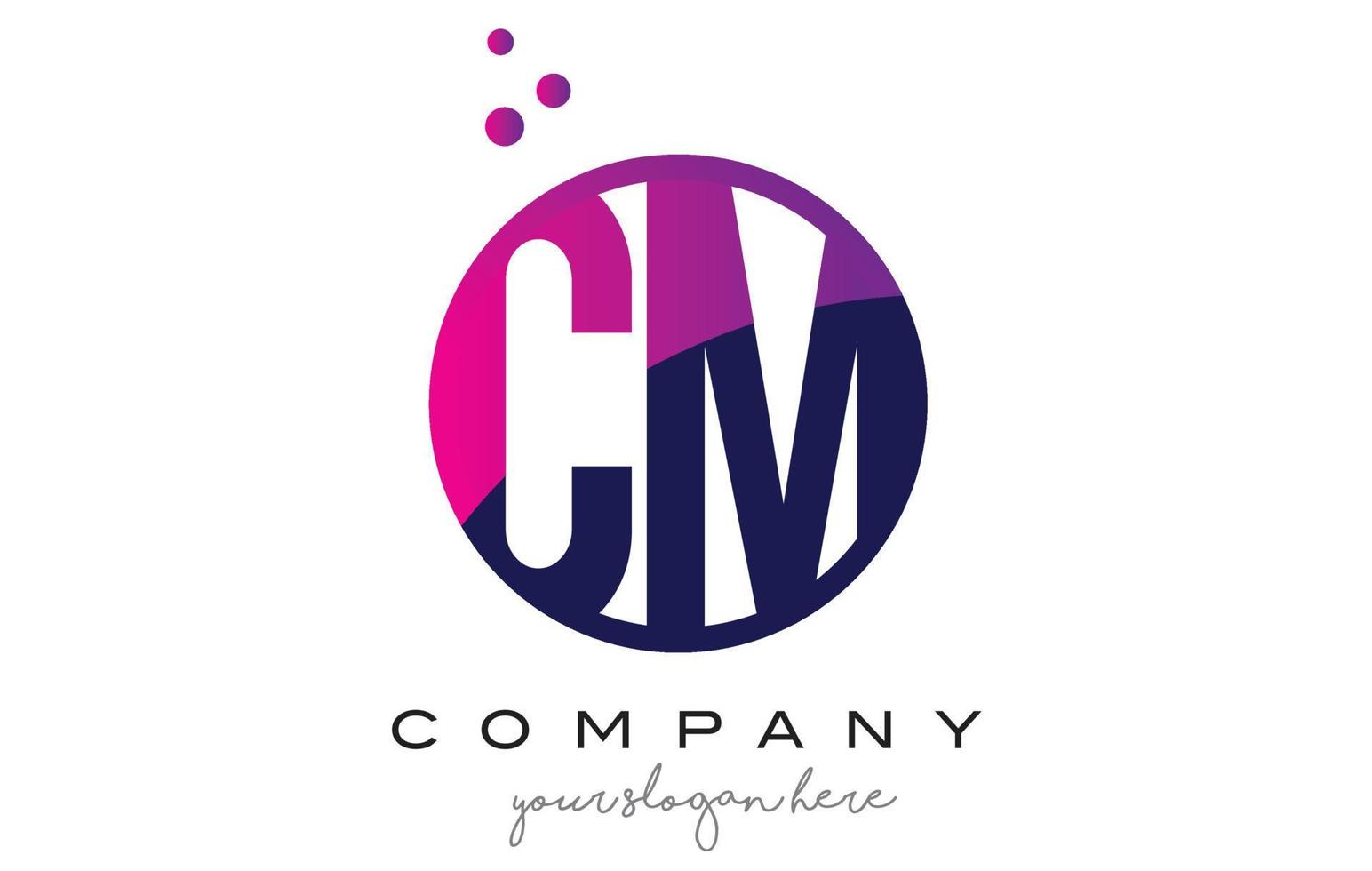 cm cm cerchio lettera logo design con bolle di punti viola vettore