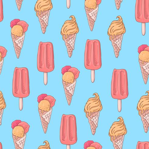 Modello senza cuciture con gelato ghiacciolo e un corno nello stile di doodle. Disegno a mano vettore