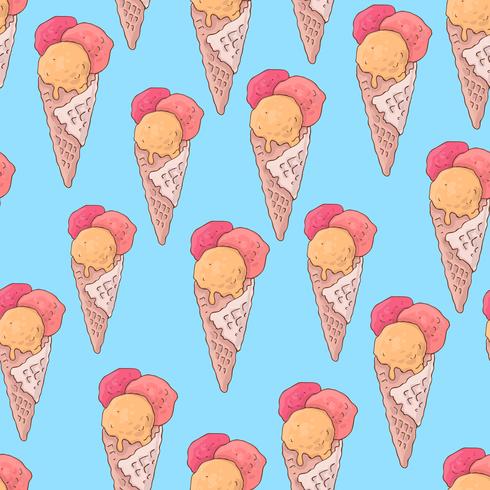 Modello senza cuciture con gelato ghiacciolo e un corno nello stile di doodle. Disegno a mano vettore