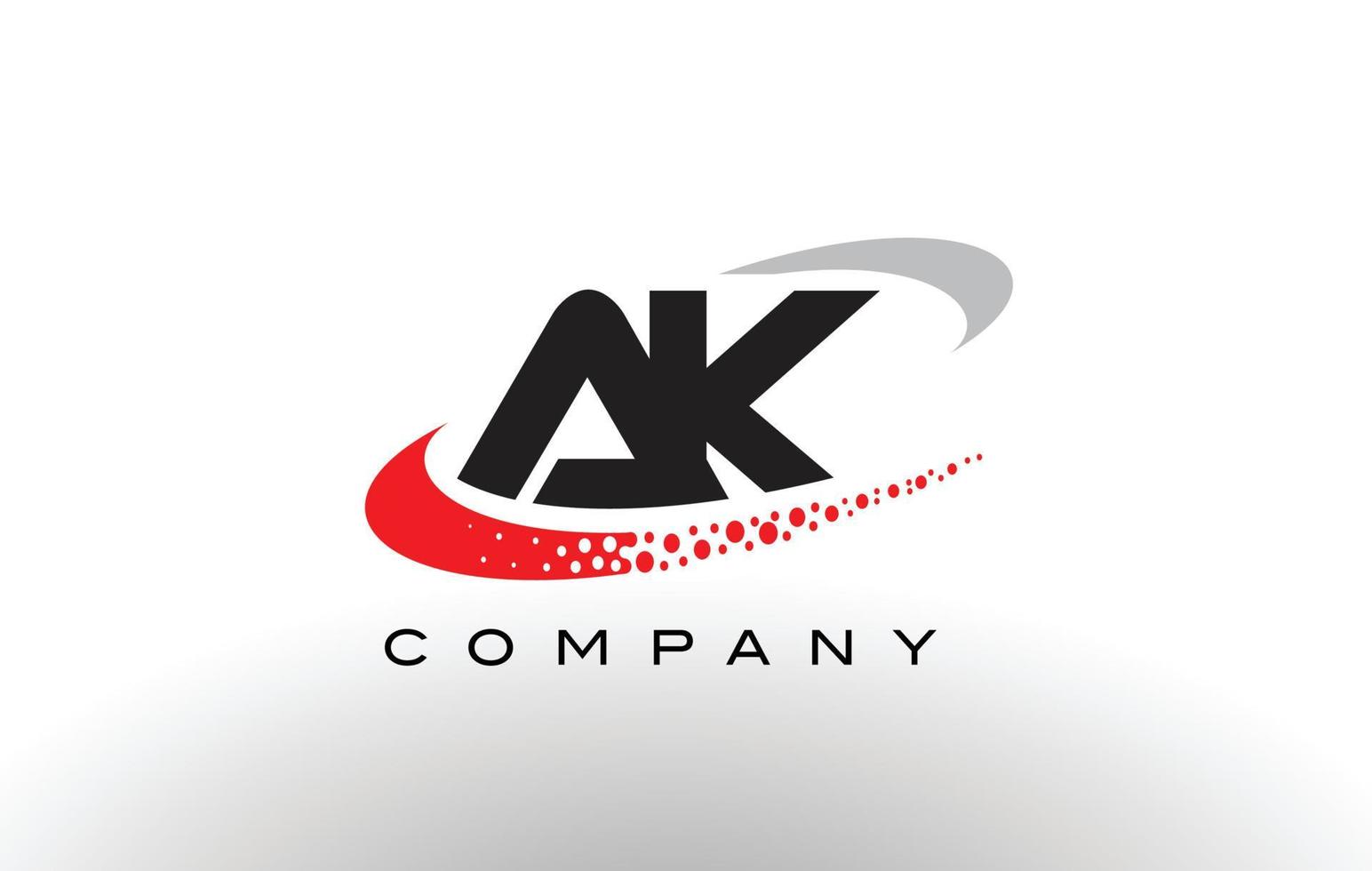 design moderno del logo della lettera ak con lo swoosh punteggiato di rosso vettore