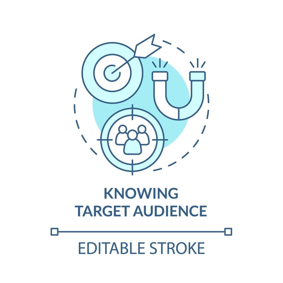 conoscendo l'icona del concetto di pubblico di destinazione blu. analizzare la base clienti. ricerca dei clienti. brand pianificazione idea astratta linea sottile illustrazione. disegno a colori contorno vettoriale isolato. tratto modificabile