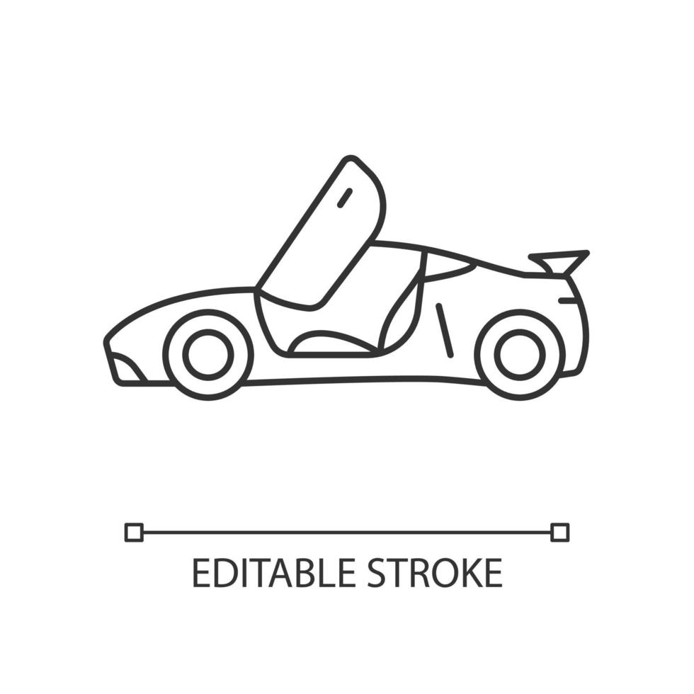 icona lineare del veicolo a porte di gabbiano. automobile con porte falconwing che si aprono verso l'alto. illustrazione personalizzabile linea sottile. simbolo di contorno. disegno vettoriale isolato profilo. tratto modificabile