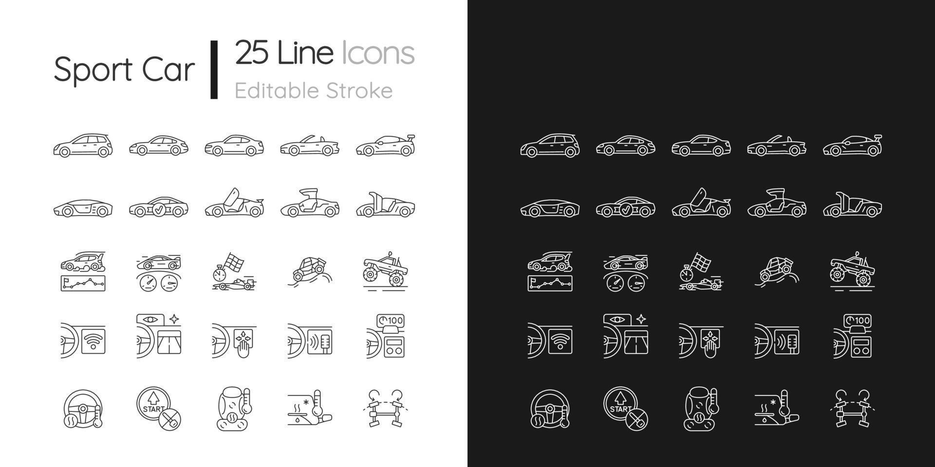 icone lineari di corse automobilistiche impostate per la modalità scura e chiara. guidare auto sportive. tecnologia automobilistica avanzata. simboli di linea sottile personalizzabili. illustrazioni di contorno vettoriale isolato. tratto modificabile