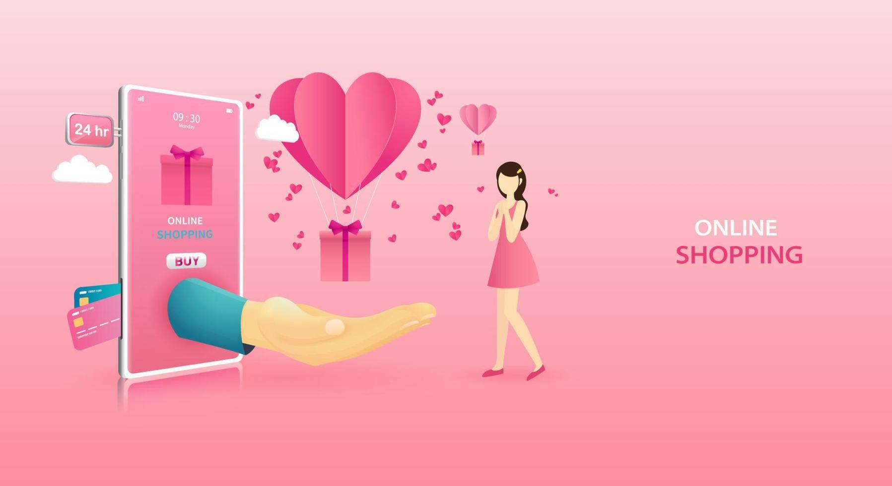 buon san valentino con palloncini cuore e regalo rosa su sfondo rosa. shopping online sul concetto di telefono cellulare per l'ordinazione e il servizio di consegna di regali online. per banner della pagina di destinazione, volantini,. vettore