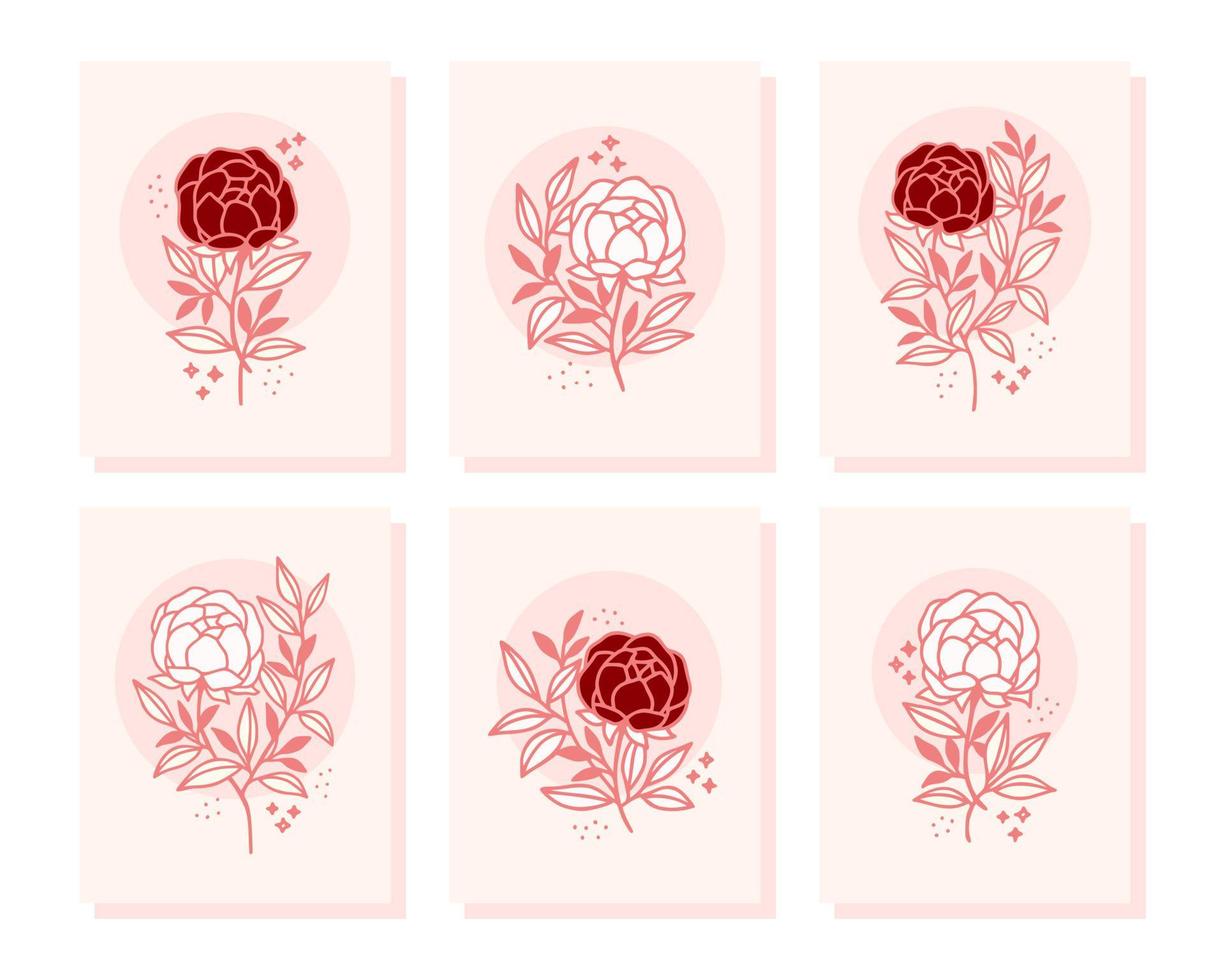 raccolta di modelli di carte romantiche vintage con fiori di rosa e peonia vettore