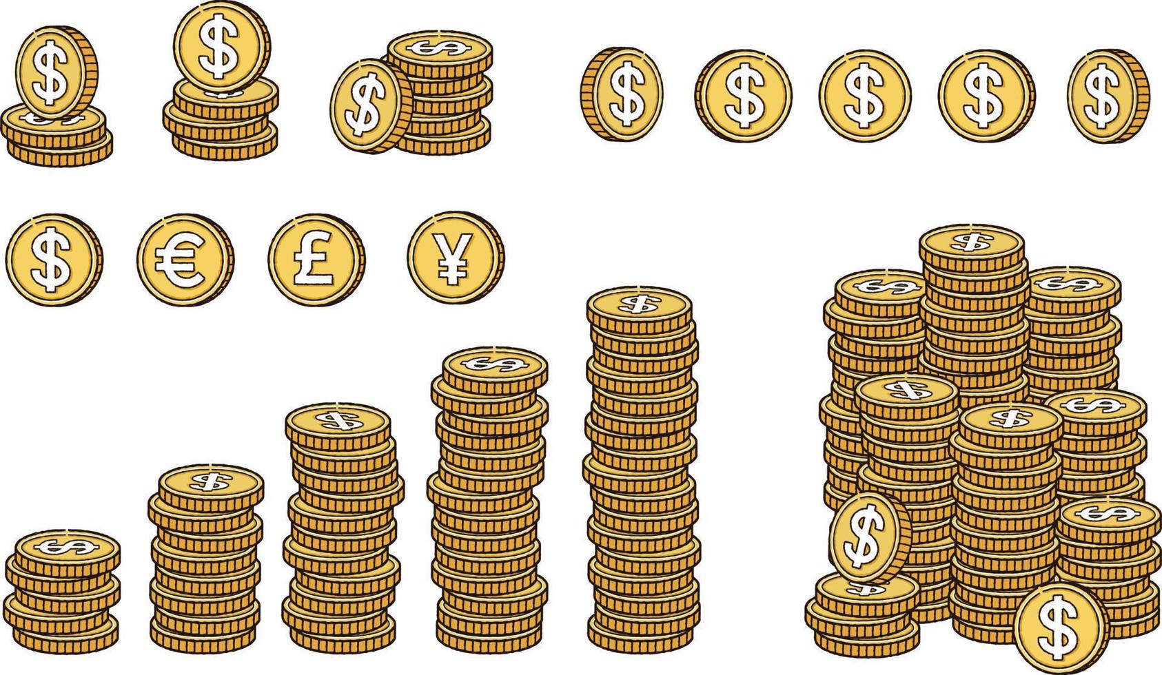disegnata a mano una pila di monete collezione con l'icona del simbolo del dollaro vettore
