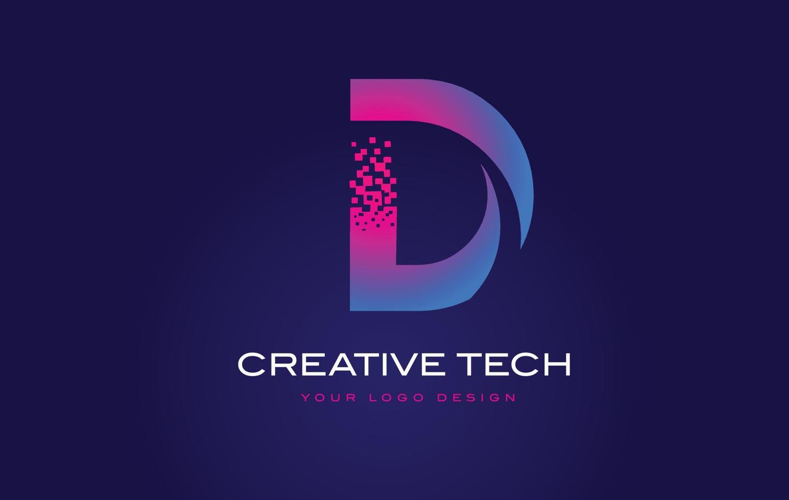 d design del logo della lettera iniziale con pixel digitali nei colori viola blu. vettore