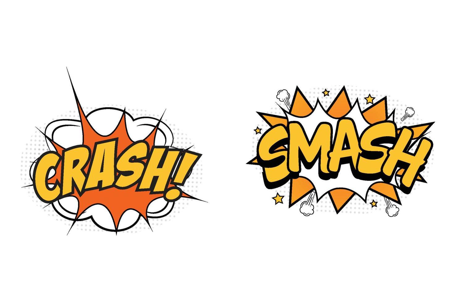 scoppio comico di crash con i colori bianco, giallo e arancione. distruggi l'esplosione di fumetti con il colore giallo e bianco. esplosione di scoppio comico. bolla di esplosione incidente per i discorsi dei cartoni animati. vettore di esplosione comica.