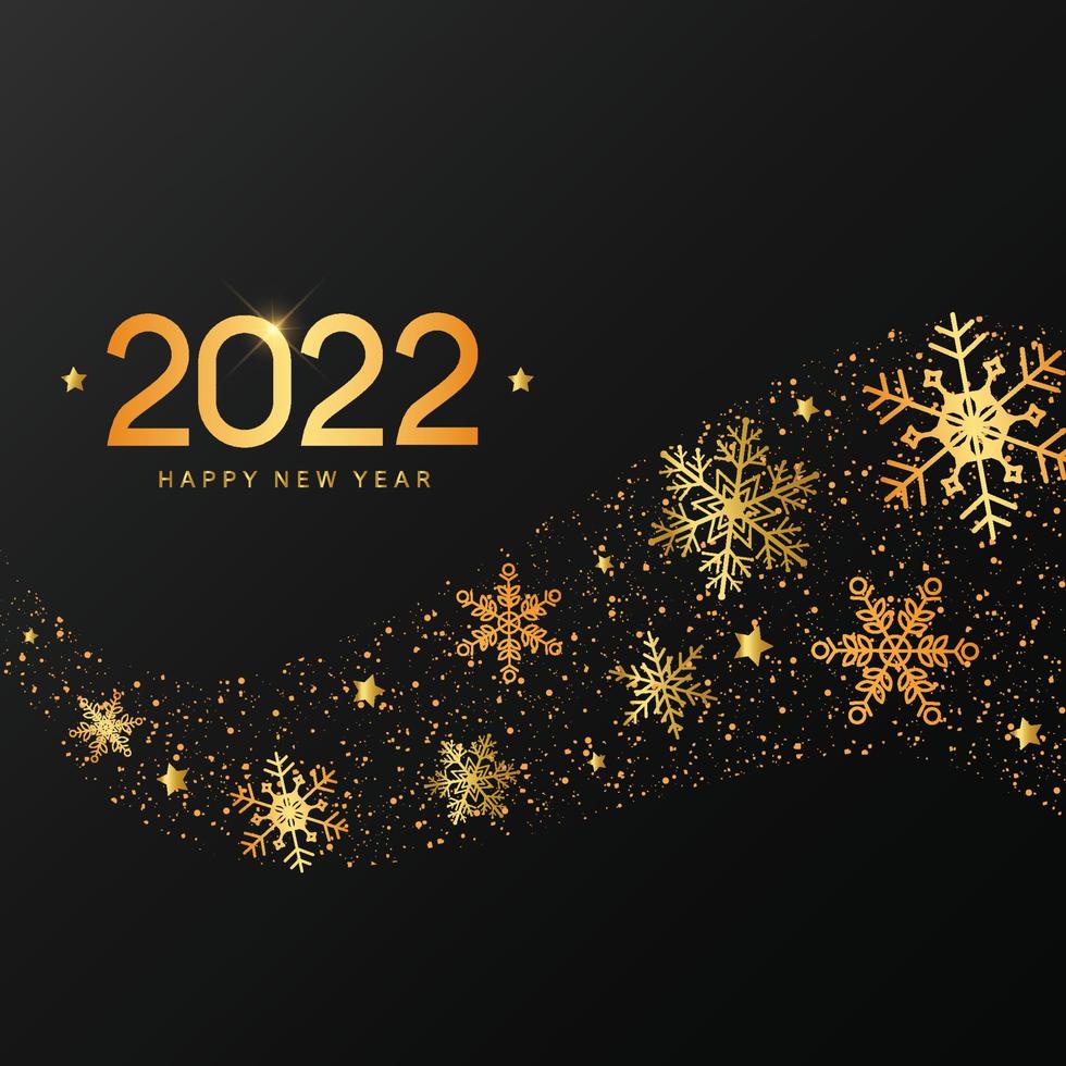 felice anno nuovo 2022 citazione tipografica decorata con fiocchi di neve d'oro su sfondo nero. buono per inviti, biglietti di auguri, poster, stampe, cartelli, striscioni, ecc. eps 10 vettore