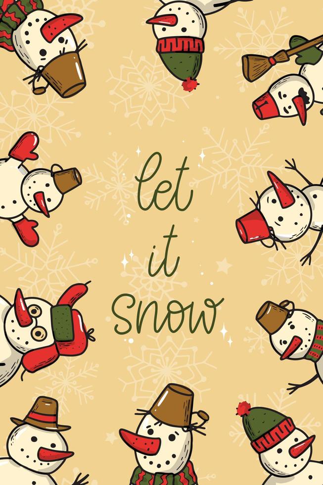 citazione scritta natalizia "let it snow" decorata con cornice di pupazzi di neve per biglietti di auguri, poster, stampe, striscioni, inviti, modelli, ecc. eps 10 vettore