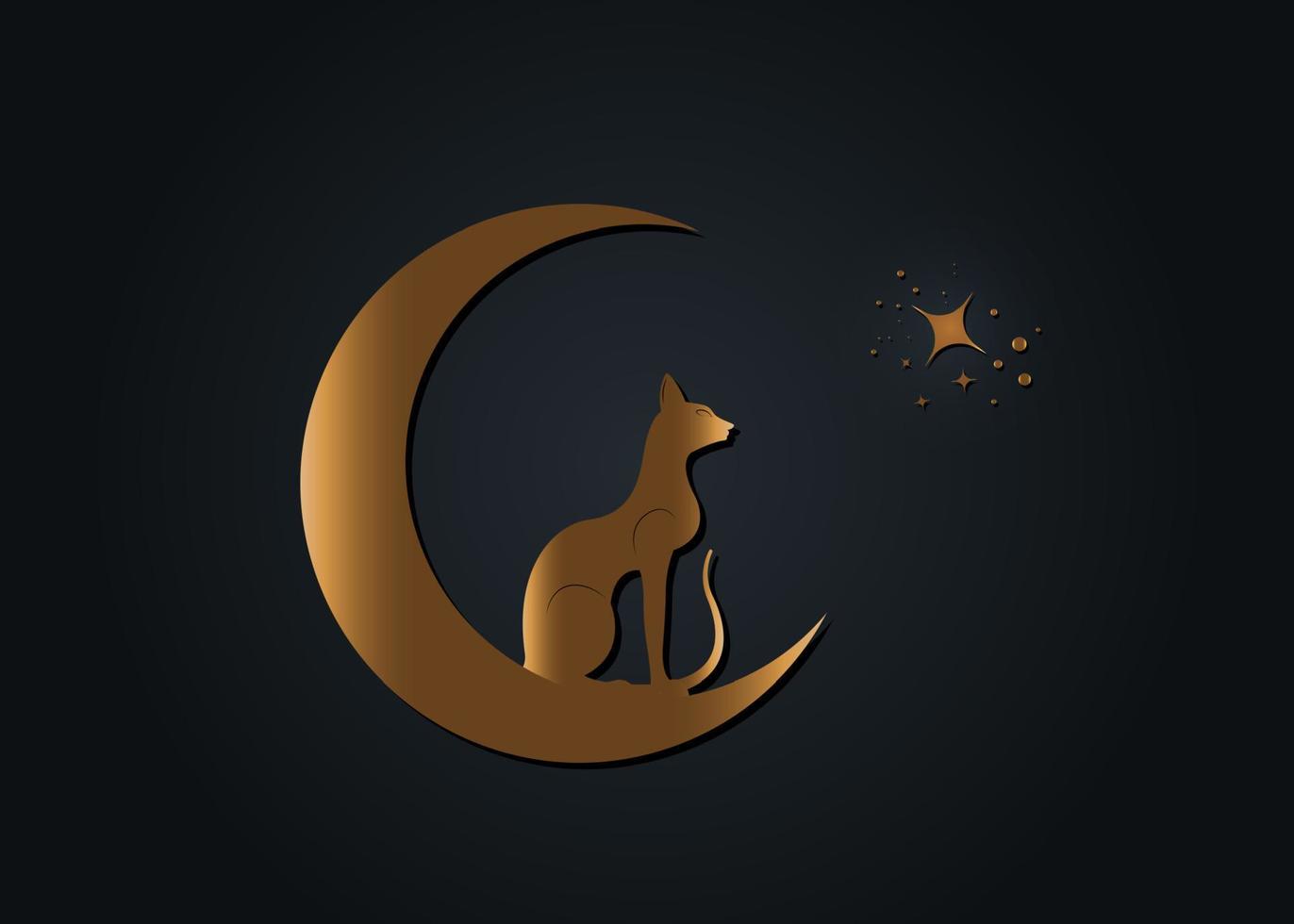 gatto nero egiziano seduto sulla luna crescente, guarda le stelle. logo alchimia d'oro simbolo wicca, stile boho, icona tatuaggio oro. illustrazione vettoriale isolato su sfondo nero
