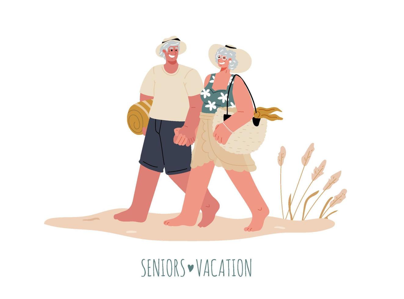 un paio di persone anziane in costume da bagno stanno camminando lungo la spiaggia tenendosi per mano.eldery su holiday.vector illustrazione piatta. vettore