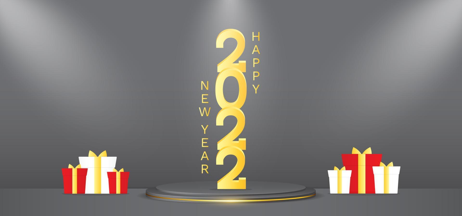 felice anno nuovo 2022 con oro sul podio con decorazioni regalo e luci vettore