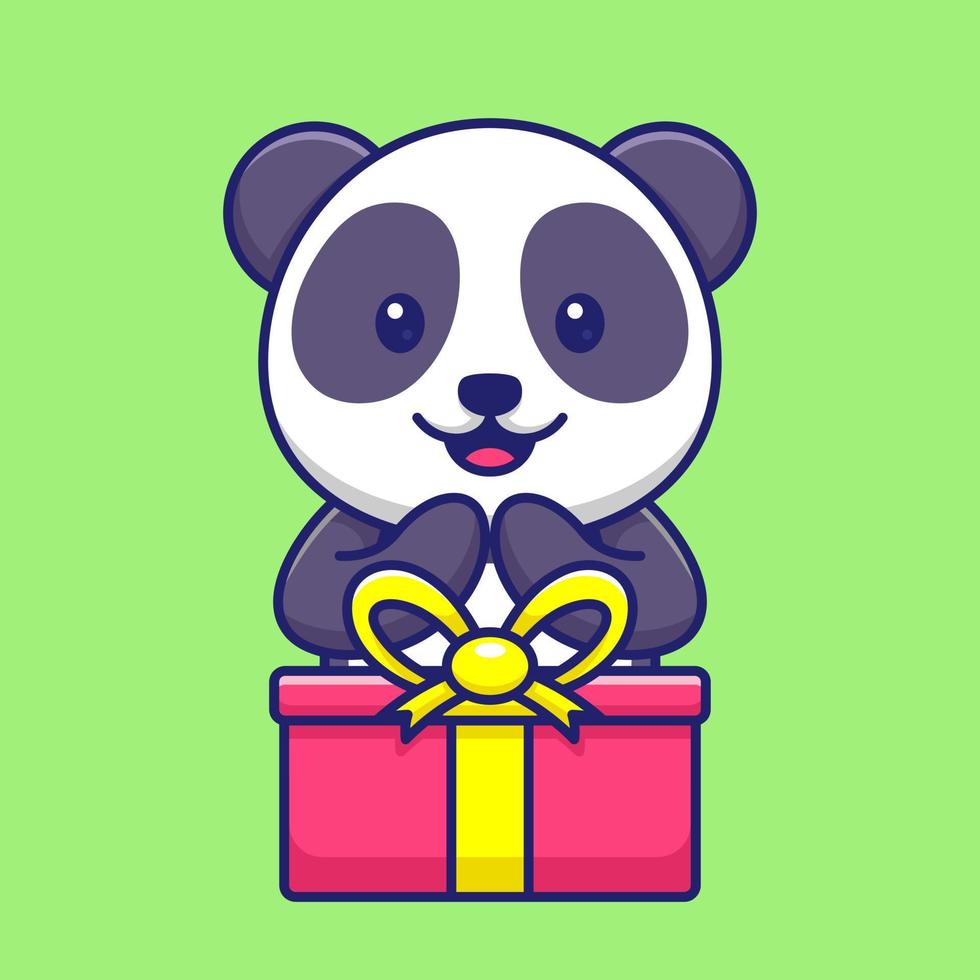 panda carino con scatola regalo icona vettore del fumetto. animale mascotte concetto vettore isolato. stile cartone animato piatto